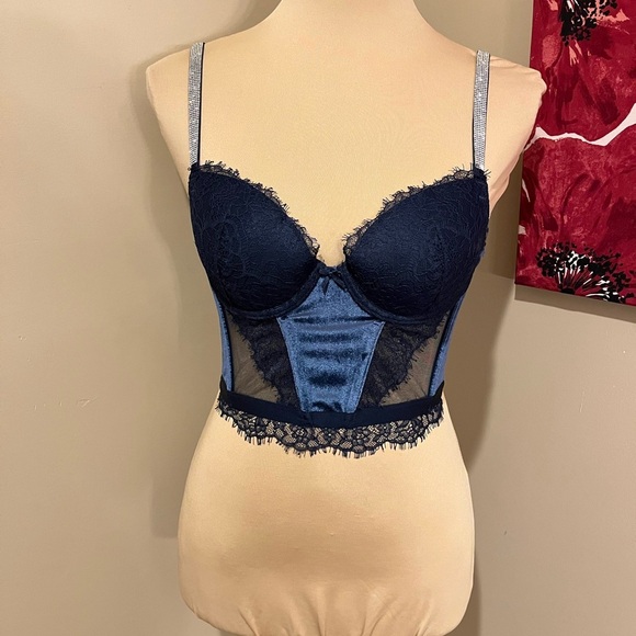 Victoria's Secret Navy Lace & Velvet Shine Rhinestone Strap Corset Bra, 32C - Picture 4 of 8